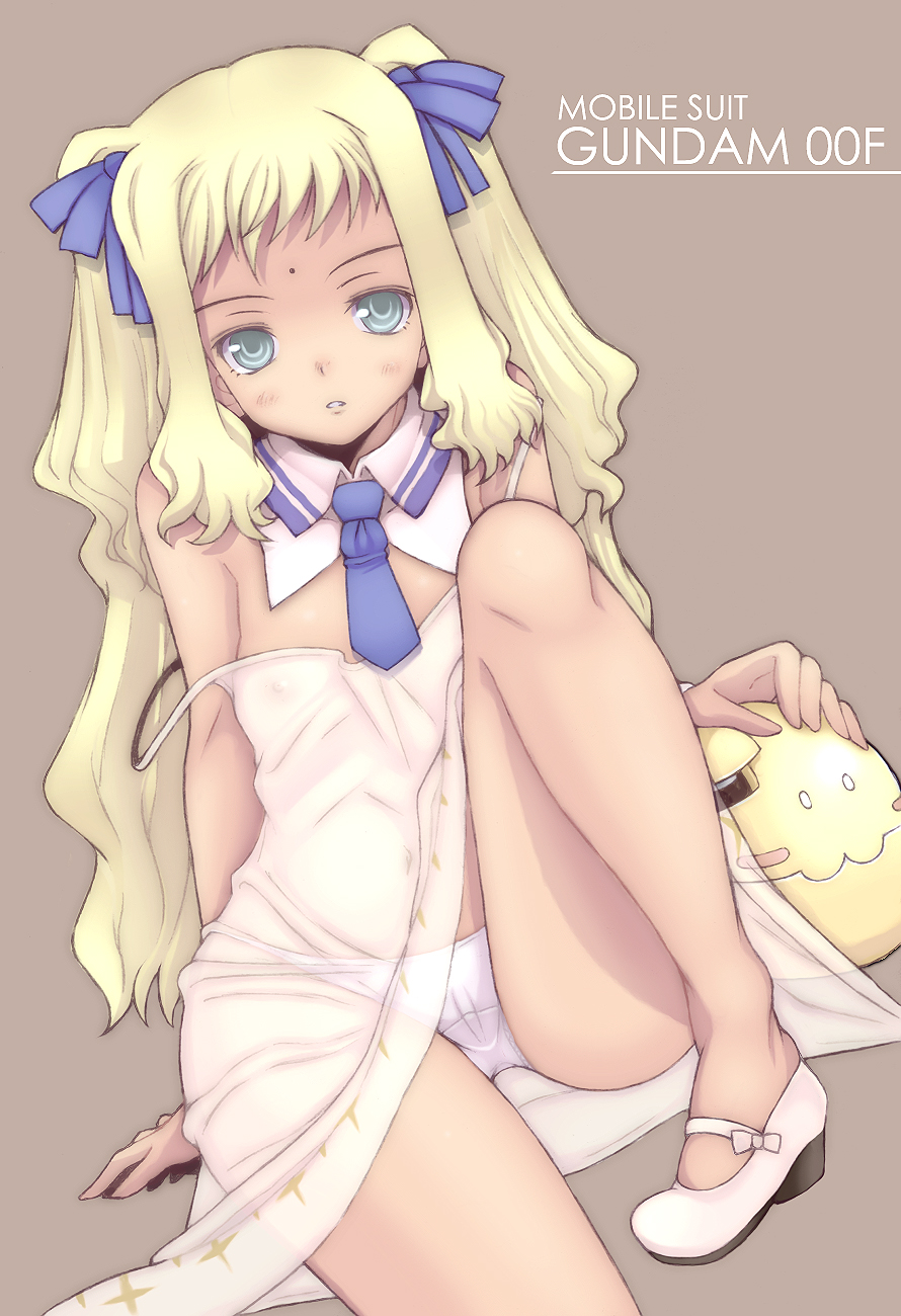 kannagi kaname, gundam meister 874, hanayo, haro, sherilyn hyde, gundam, gundam 00, gundam 00f, bad id, bad pixiv id, highres, 00s, 1girl, blonde hair, dark-skinned female, dark skin, dress, female focus, flat chest, green eyes, hair ribbon, long hair, mary janes, necktie, nipples, panties, ribbon, see-through clothes, shoes, simple background, solo, underwear, very long hair