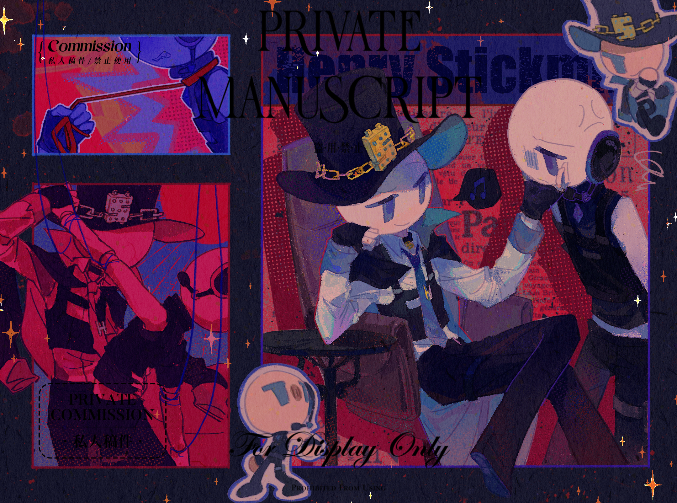 muchuizzzzz, henry stickmin, henry stickmin (series), chinese commentary, commentary request, commission, highres, 2boys, anger vein, bald, bare shoulders, black border, black choker, black gloves, black hat, black pants, blue eyes, blue necktie, border, chain, chain necklace, chair, chibi, chibi inset, choker, clenched teeth, closed mouth, collared shirt, colored skin, crossed legs, dancing, dual persona, earpiece, eye contact, fewer digits, film grain, fingerless gloves, gloves, gold necklace, halftone, halftone background, hand on another's chin, hand on own cheek, hand on own face, hat, holding, holding leash, jewelry, leash, looking at another, male focus, multiple boys, musical note, necklace, necktie, on chair, outside border, pants, raised eyebrow, red background, selfcest, shirt, simple background, sleeveless, sleeveless shirt, smile, sparkle, spoken musical note, squiggle, standing, teeth, top hat, watermark, white shirt, white skin, yaoi