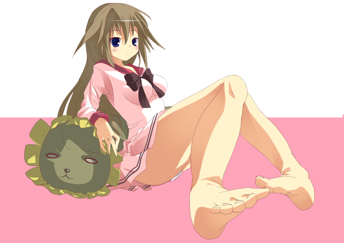 hinoeya kiuri, original, 1girl, barefoot, blue eyes, brown hair, dress, feet, female focus, panties, pantyshot, sailor dress, school uniform, serafuku, sitting, soles, solo, underwear