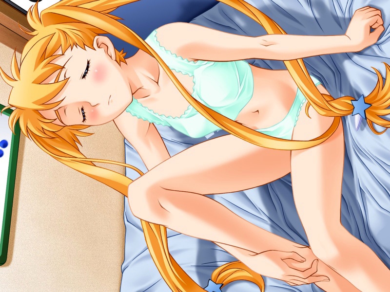 nishieda, yoshizumi mayuka, 0verflow, imouto de ikou!, game cg, 00s, 1girl, aqua panties, bed, blonde hair, blush, bra, closed eyes, dutch angle, female focus, flat chest, hair ornament, leg up, lingerie, loli, long hair, midriff, navel, on bed, panties, sitting, solo, thighs, twintails, underwear, underwear only, very long hair