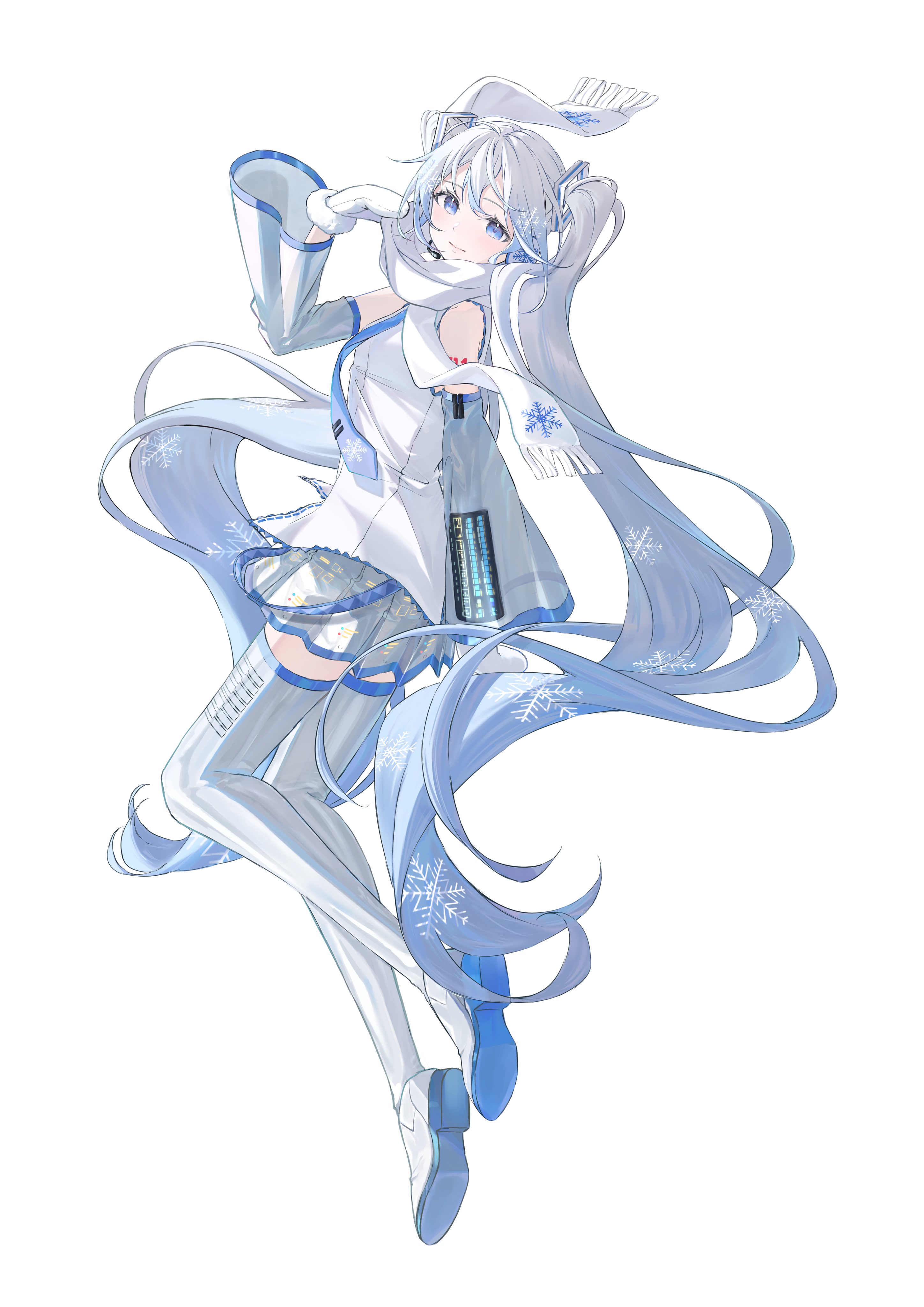 potate, hatsune miku, yuki miku, vocaloid, absurdres, highres, 1girl, blue eyes, blue hair, blue necktie, boots, detached sleeves, earmuffs, grey skirt, grey sleeves, grey thighhighs, headset, long hair, looking at viewer, mittens, necktie, pleated skirt, scarf, shirt, skirt, sleeveless, sleeveless shirt, smile, snowflake print, solo, tattoo, thigh boots, thighhighs, twintails, very long hair, white mittens, white scarf, white shirt