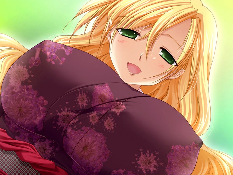 yama bikko, yanagisawa teresa, tsuma youji, game cg, source request, 1girl, blonde hair, breasts, covered erect nipples, female focus, from below, green eyes, japanese clothes, kimono, looking down, looking up, solo