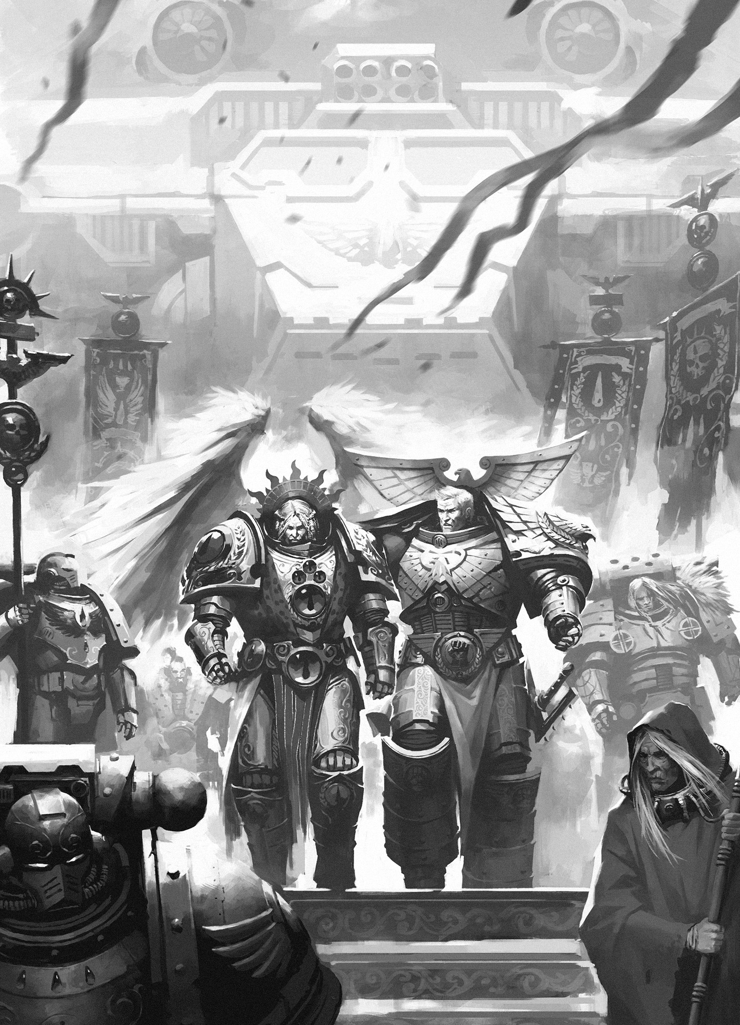 mikhail savier, adeptus astartes, blood angels, imperial fists, jaghatai khan, leman russ, rogal dorn, sanguinius, space wolves, warhammer 40k, commentary, english commentary, highres, official art, 6+boys, angel, angel wings, armor, banner, full armor, greyscale, holding banner, malcador the sigillite, male focus, monochrome, multiple boys, ornate armor, outdoors, power armor, primarch, stairs, walking, white scars, wings