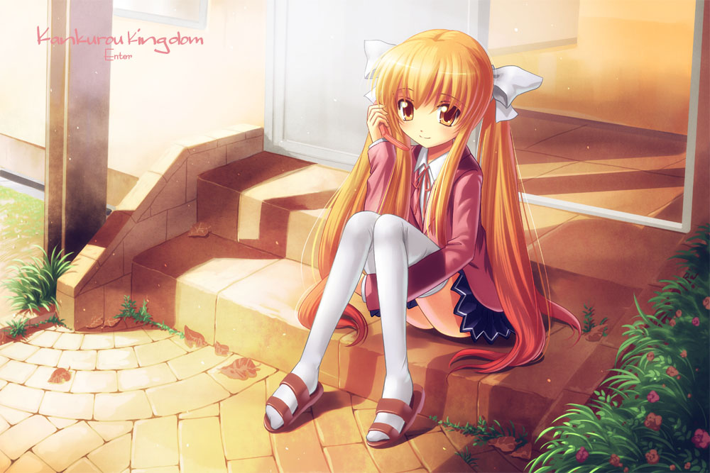 kankurou, original, 1girl, blonde hair, cellphone, female focus, long hair, matching hair/eyes, on stairs, phone, school uniform, sitting, solo, thighhighs, twintails, yellow eyes