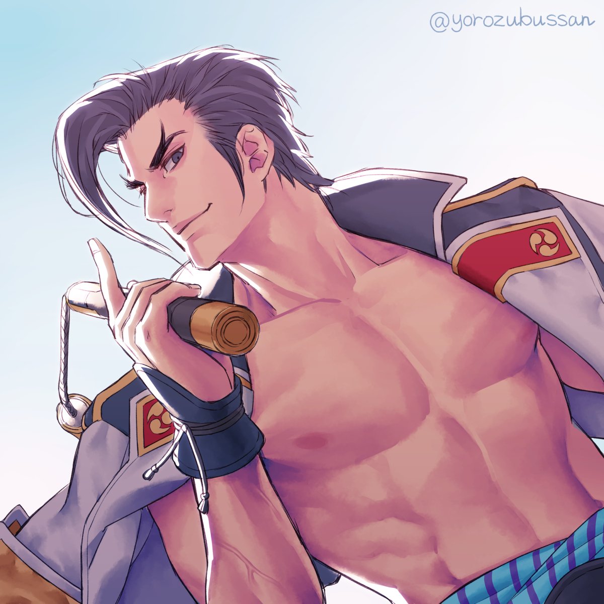 yorozu, maxi (soulcalibur), soul calibur, soulcalibur, soulcalibur vi, highres, 1boy, abs, black hair, closed mouth, collarbone, cowlick, forked eyebrows, holding, holding nunchaku, holding weapon, jacket, jacket on shoulders, looking at viewer, male focus, muscular, muscular male, nunchaku, open clothes, open jacket, pectorals, short hair, smile, solo, thick eyebrows, twitter username, veins, veiny arms, weapon, white jacket