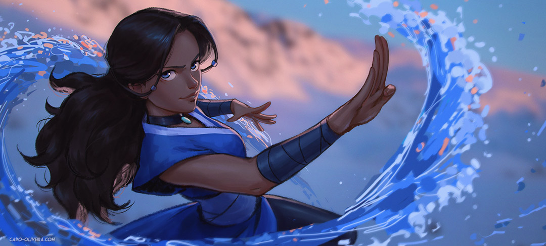 caro oliveira, katara, avatar: the last airbender, avatar legends, commentary, english commentary, 1girl, armband, black hair, blue armband, blue dress, blue eyes, dark-skinned female, dark skin, dress, element bending, fighting stance, solo, water, water drop
