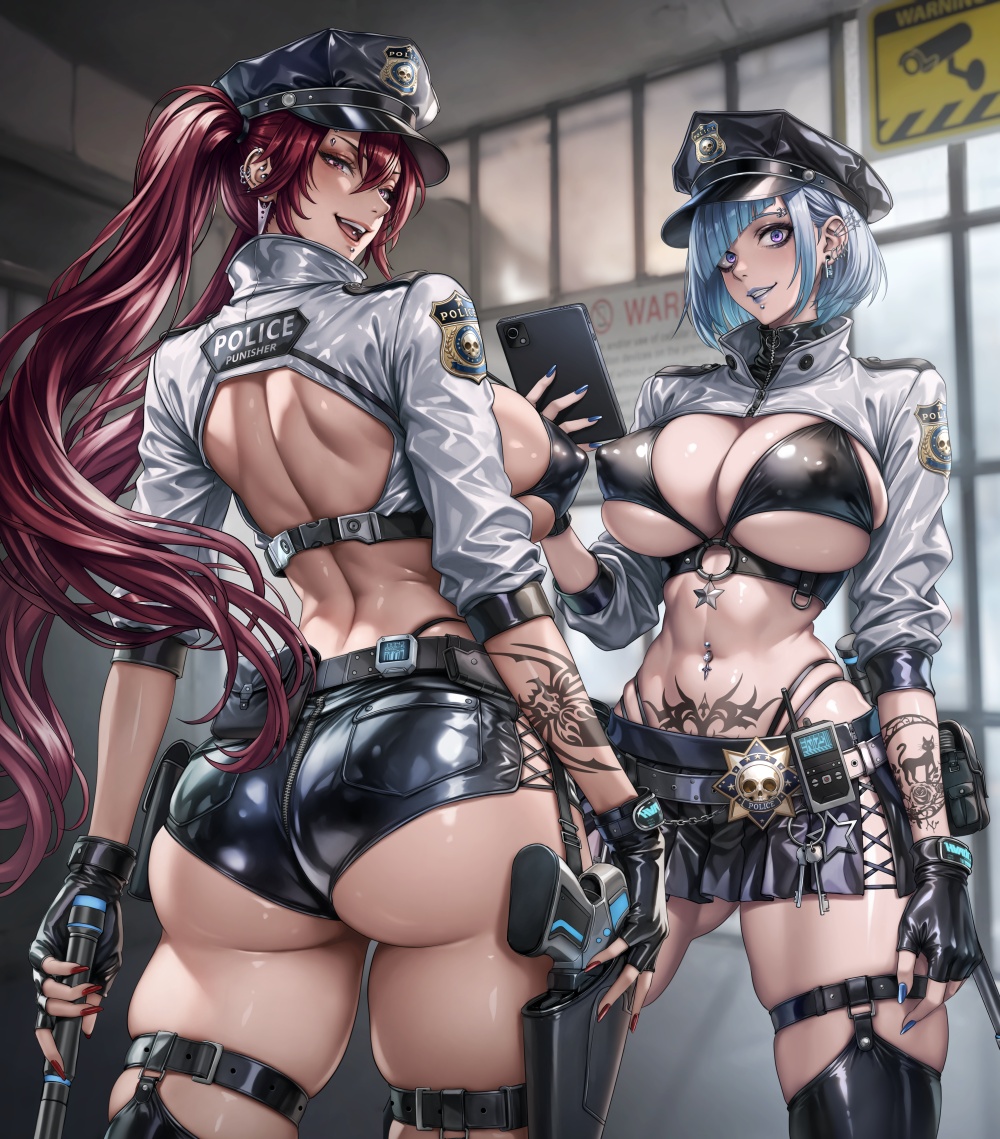 sadakage, original, commentary, english commentary, mixed-language commentary, 2girls, :d, arm tattoo, ass, bikini, black bikini, black gloves, black hat, black shorts, black skirt, black thighhighs, blue hair, blue nails, breasts, cowboy shot, diagonal bangs, ear piercing, fingerless gloves, gloves, gun, handgun, hat, holding, holding tablet pc, large breasts, long hair, looking at viewer, looking back, micro shorts, miniskirt, multiple girls, nail polish, navel, navel piercing, open mouth, parted lips, piercing, police, police uniform, pubic tattoo, purple eyes, red hair, red nails, shirt, short hair, shorts, skindentation, skirt, smile, standing, stomach, swimsuit, tablet pc, tattoo, thigh strap, thighhighs, thighs, tongue piercing, twintails, underboob, weapon, white shirt