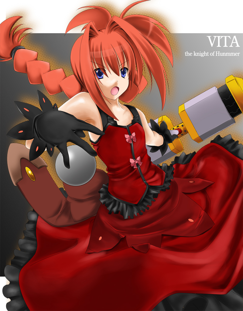 sougetsu izuki, graf eisen, vita (nanoha), lyrical nanoha, mahou shoujo lyrical nanoha, mahou shoujo lyrical nanoha a's, mahou shoujo lyrical nanoha strikers, 00s, blue eyes, braid, english text, engrish text, gloves, ranguage, red hair, solo