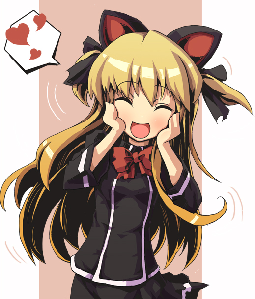 sasamashin, shalon, quiz magic academy, animal ears, blonde hair, bow, closed eyes, happy, heart, long hair, school uniform, smile, solo