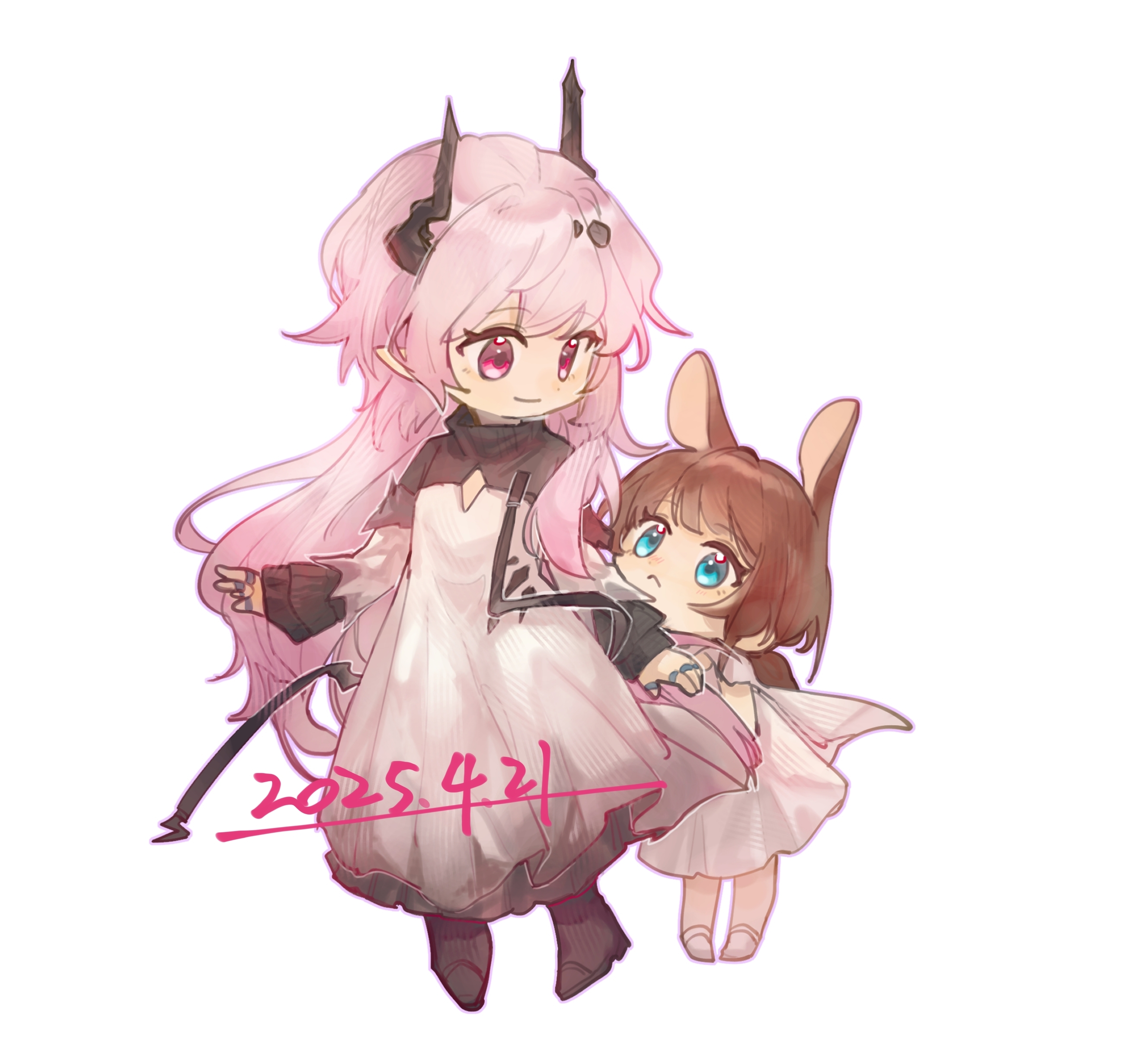 maplebyebye, amiya (arknights), amiya (young) (arknights), theresa (arknights), arknights, absurdres, commentary, highres, symbol-only commentary, 2girls, :<, aged down, animal ears, black boots, blue eyes, boots, brown hair, chibi, cleavage cutout, closed mouth, clothing cutout, dated, dress, horns, long hair, long sleeves, multiple girls, pink hair, ponytail, rabbit ears, red eyes, shoes, simple background, sleeves past wrists, smile, very long hair, white background, white dress, white shoes