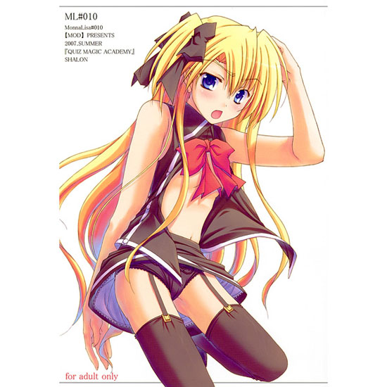 shalon, quiz magic academy, non-web source, blonde hair, blouse, blue eyes, blush, bow, flat chest, garter straps, long hair, open clothes, open shirt, panties, pantyshot, school uniform, shirt, skirt, solo, thighhighs, underwear