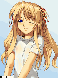 shalon, quiz magic academy, lowres, non-web source, 1girl, blonde hair, blue eyes, female focus, flat chest, long hair, nipples, one eye closed, qvga, see-through clothes, shirt, solo, t-shirt, wet, wet clothes, wet shirt, wink