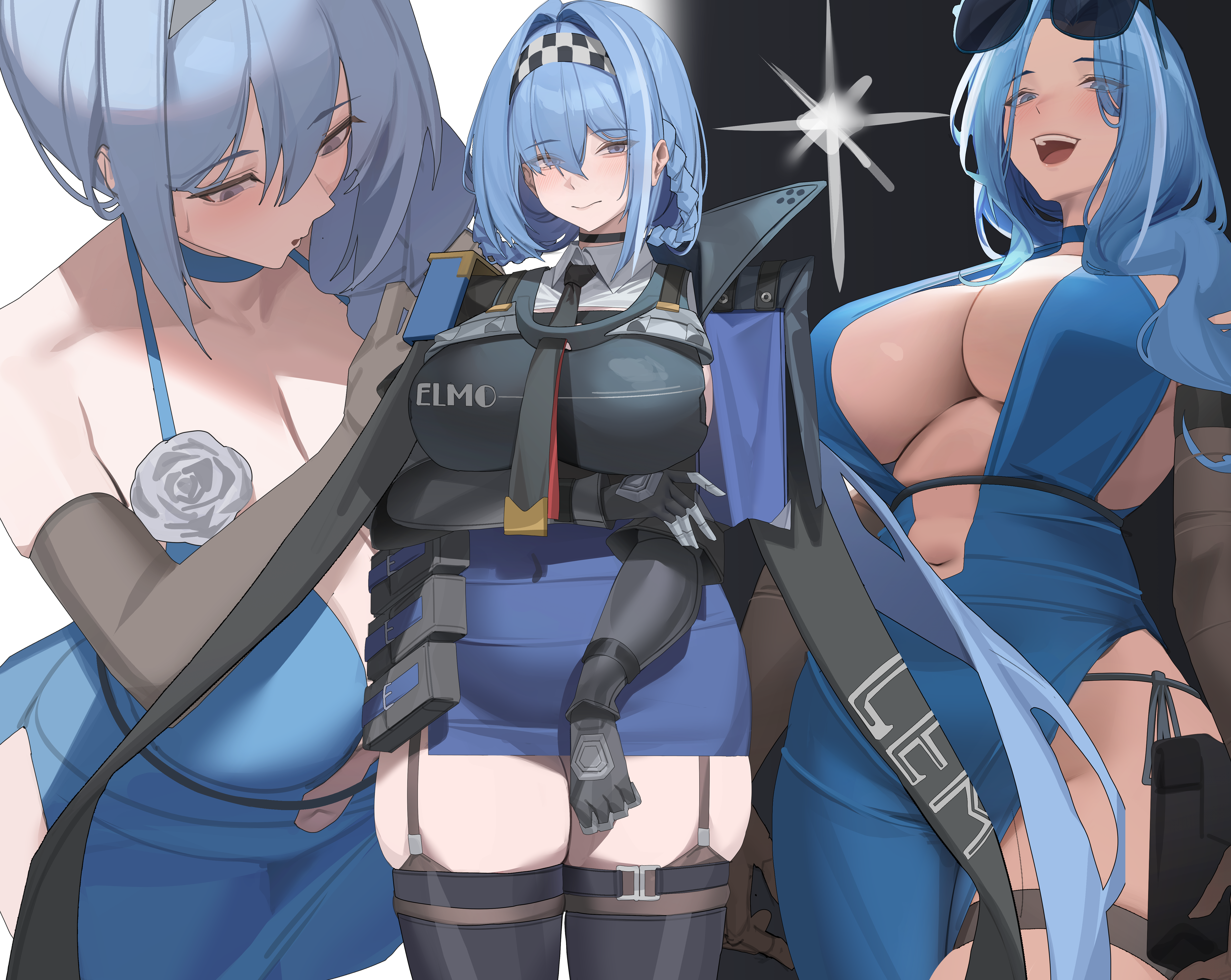 gong dol hong, girls' frontline, girls' frontline 2: exilium, absurdres, character request, highres, 1girl, black cape, black garter straps, black gloves, black necktie, black thighhighs, blue dress, blue hair, blue skirt, blush, braid, braided hair rings, breasts, bulletproof vest, cape, checkered hairband, cleavage, collared shirt, covered navel, crooked smile, crossed bangs, dress, elbow gloves, eyewear on head, garter straps, gloves, hair between eyes, hair intakes, hair over shoulder, hair rings, hairband, huge breasts, long hair, looking at viewer, necktie, open mouth, shirt, side slit, skirt, sunglasses, teeth, thick thighs, thighhighs, thighs, tight clothes, upper teeth only, white shirt