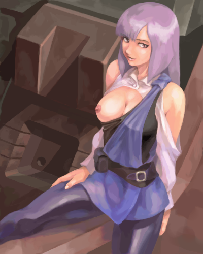 roux louka, gundam, gundam zz, lowres, non-web source, 1girl, bare shoulders, belt, breast slip, breasts, female focus, long hair, nipples, one breast out, pantyhose, purple eyes, purple hair, sitting, solo