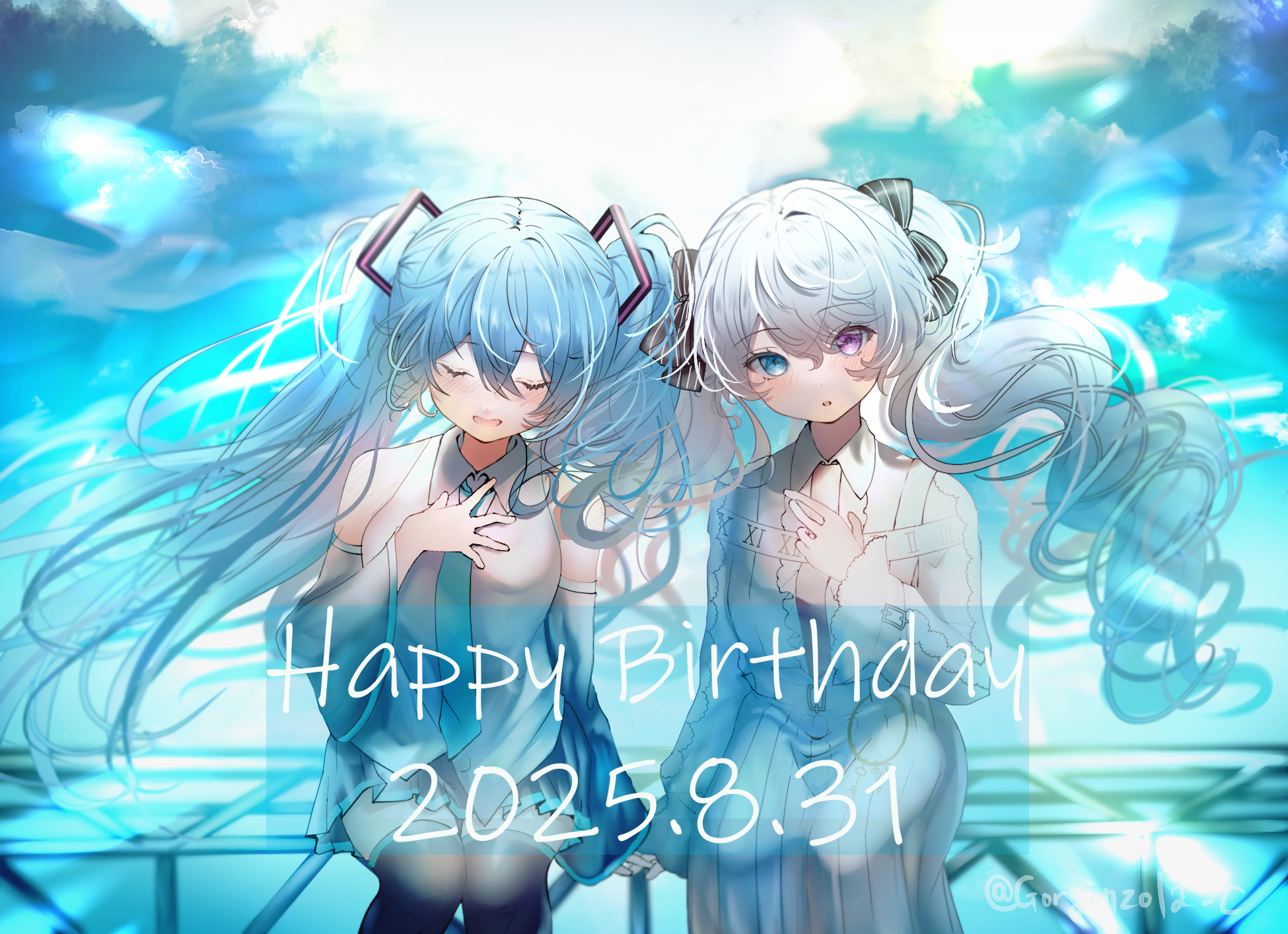 gorgonzola c, 25-ji miku, hatsune miku, 25-ji nightcord de. (project sekai), project sekai, vocaloid, highres, 2girls, black skirt, black sleeves, blue eyes, blue hair, blue necktie, bow, closed eyes, dated, detached sleeves, dress, grey hair, hair bow, hand on own chest, happy birthday, heterochromia, long hair, long sleeves, looking at viewer, multiple girls, necktie, open mouth, pleated skirt, purple eyes, shirt, sitting, skirt, sleeveless, sleeveless shirt, smile, thighhighs, twintails, twitter username, very long hair