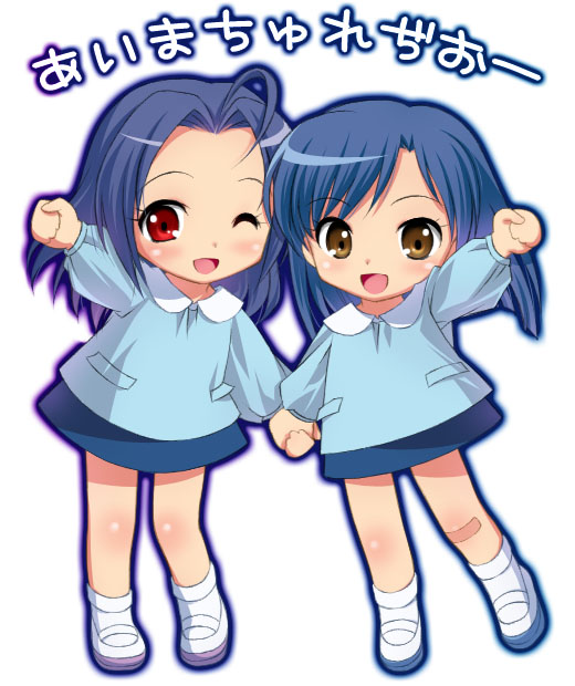 nano00, kisaragi chihaya, miura azusa, idolmaster, idolmaster (classic), 00s, 2girls, aged down, ahoge, blue hair, blush, brown eyes, holding hands, kindergarten, kindergarten uniform, long hair, looking at viewer, miniskirt, multiple girls, one eye closed, red eyes, simple background, skirt, smile, white background, wink