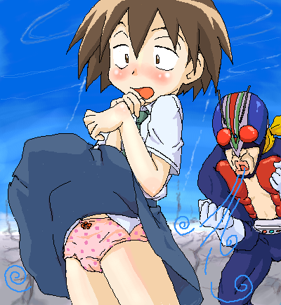kurihara nagisa, riderman, kamen rider, kamen rider v3 (series), sketchbook full colors, lowres, non-web source, 00s, 1boy, 1girl, blush, brown eyes, brown hair, cameltoe, day, oekaki, panties, pantyshot, short hair, sky, underwear, wind, wind lift