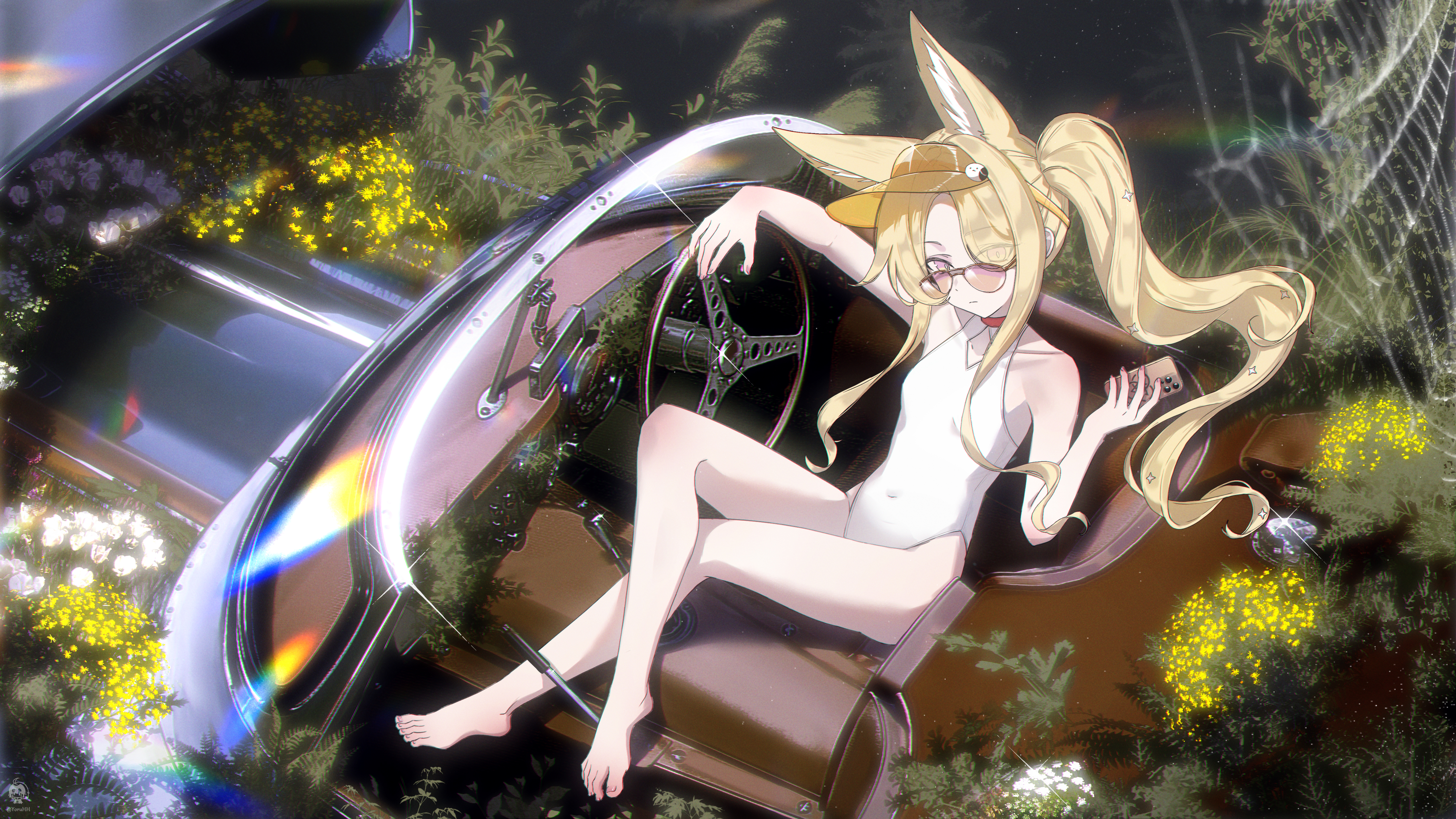 yoruhh, seia (blue archive), seia (swimsuit) (blue archive), blue archive, absurdres, highres, 1girl, bare arms, bare legs, bare shoulders, barefoot, blonde hair, car, cellphone, closed mouth, covered navel, crossed legs, hair over one eye, holding, holding phone, long hair, looking at viewer, motor vehicle, nature, official alternate costume, official alternate hairstyle, one-piece swimsuit, orange-tinted eyewear, phone, pink eyes, side ponytail, sitting, smartphone, solo, sunglasses, swimsuit, tinted eyewear, visor cap, white one-piece swimsuit