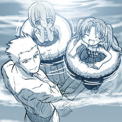st parasu, archer (fate), matou sakura, tohsaka rin, fate/stay night, fate (series), lowres, 00s, 1boy, 2girls, aged down, blue theme, child, innertube, monochrome, multiple girls, swim ring, swimming