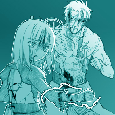 st parasu, archer (fate), artoria pendragon (fate), saber (fate), fate/stay night, fate (series), lowres, 00s, 1boy, 1girl, ahoge, aqua theme, armor, monochrome