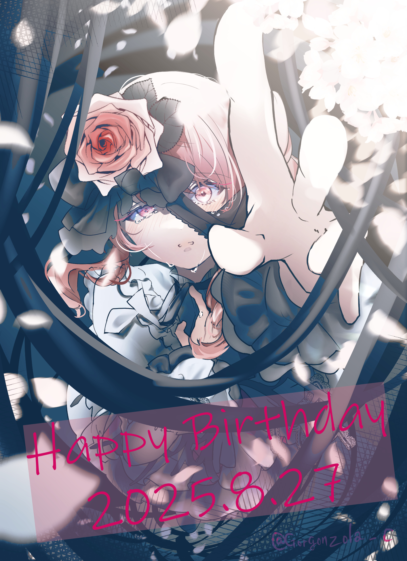 gorgonzola c, akiyama mizuki, 25-ji nightcord de. (project sekai), project sekai, highres, 1girl, 1other, androgynous, black bow, bow, cage, crying, crying with eyes open, dated, dress, flower, frills, from above, hair flower, hair ornament, hand on own chest, happy birthday, long sleeves, looking at viewer, looking up, official alternate costume, parted lips, petals, pink eyes, pink flower, pink hair, pink rose, reaching, reaching towards viewer, rose, solo, tears, white dress, white flower