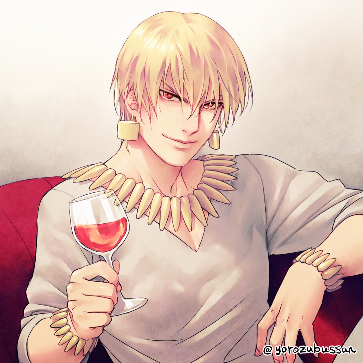 yorozu, gilgamesh (fate), fate/grand order, fate/stay night, fate (series), highres, 1boy, alcohol, blonde hair, bracelet, closed mouth, cup, drinking glass, earrings, gold bracelet, gold earrings, gold necklace, hair between eyes, holding, holding cup, jewelry, long sleeves, looking at viewer, male focus, necklace, red eyes, red wine, shirt, short hair, sitting, smile, smug, solo, twitter username, v-neck, v-shaped eyebrows, white shirt, wine, wine glass