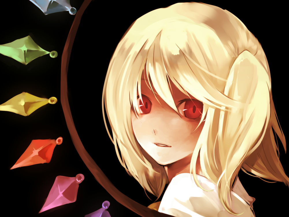 hijiri (resetter), hiz (pixiv), flandre scarlet, embodiment of scarlet devil, touhou, bad id, bad pixiv id, 1girl, black background, blonde hair, female focus, hair between eyes, kunai, no headwear, red eyes, side ponytail, simple background, solo, weapon, wings