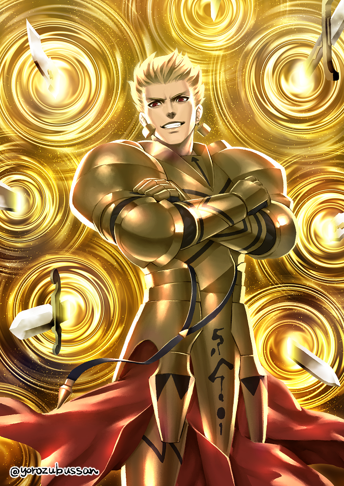 yorozu, gilgamesh (fate), fate/grand order, fate/stay night, fate (series), 1boy, armor, blonde hair, crossed arms, earrings, gate of babylon (fate), gold armor, gold earrings, grin, jewelry, looking at viewer, male focus, red eyes, short hair, smile, solo, twitter username, v-shaped eyebrows