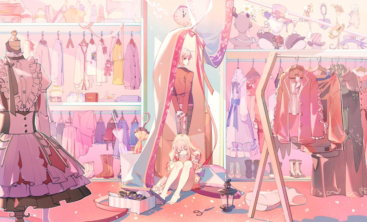 dechel, akiyama mizuki, tenma tsukasa, project sekai, 1boy, 1girl, absurdly detailed composition, arms behind back, barefoot, blonde hair, boots, clock, closed eyes, closed umbrella, closet, clothes hanger, curtains, dress, indoors, jacket, knees up, loaded interior, long hair, long sleeves, mirror, pants, pink hair, pink theme, scissors, shelf, shoes, short hair, sitting, slippers, stuffed animal, stuffed toy, umbrella, unworn shoes
