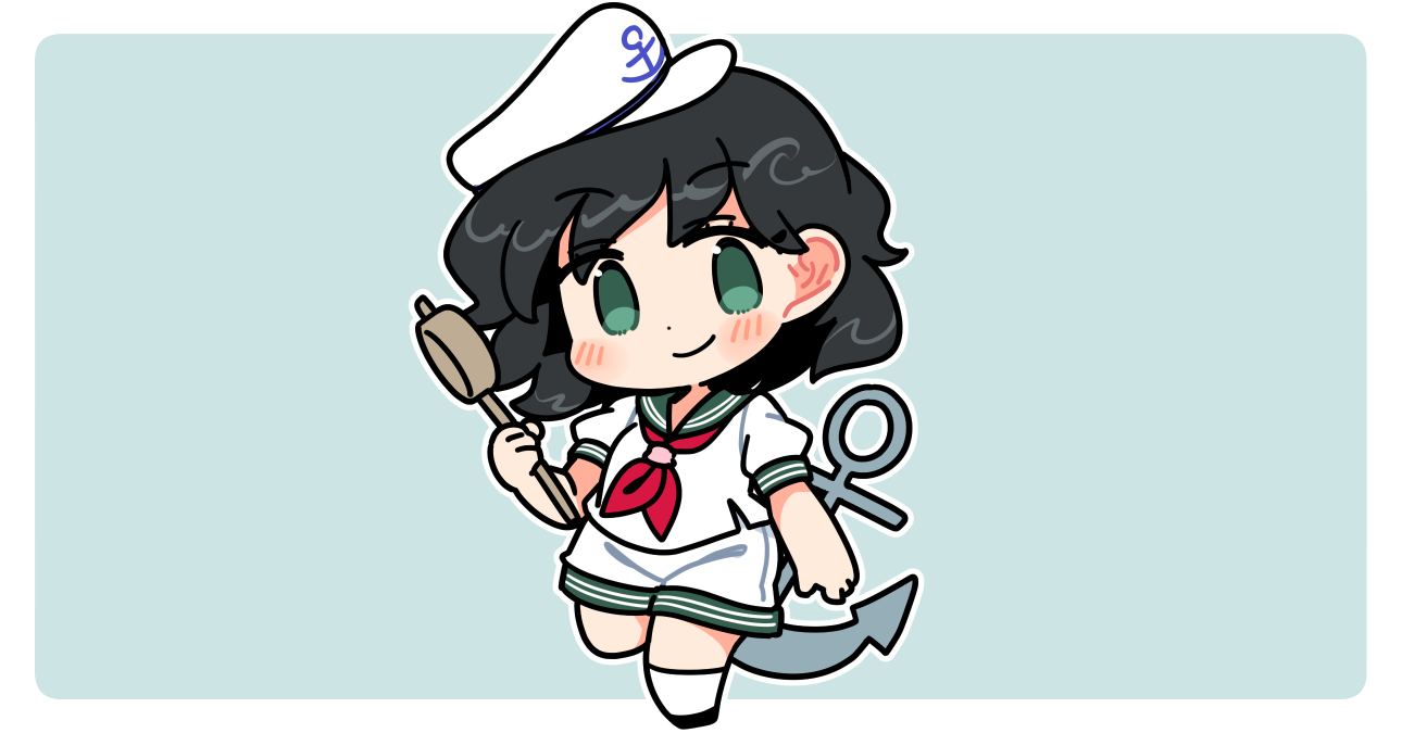 ini (inunabe00), murasa minamitsu, touhou, commentary, 1girl, anchor, black hair, black shoes, blush, border, chibi, chibi only, closed mouth, full body, green background, green eyes, green sailor collar, hat, looking at viewer, neckerchief, outline, outside border, red neckerchief, sailor collar, sailor hat, sailor shirt, shirt, shoes, short hair, short sleeves, shorts, simple background, smile, socks, solo, standing, white border, white hat, white outline, white shirt, white shorts, white socks