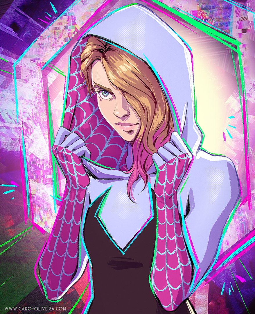 caro oliveira, gwen stacy, spider-gwen, marvel, spider-man: across the spider-verse, spider-man (series), spider-verse, commentary, english commentary, 1girl, black bodysuit, blonde hair, bodysuit, glitch, hair over one eye, hood, hooded bodysuit, multicolored bodysuit, print bodysuit, solo, spider web print, watermark, web address, white bodysuit