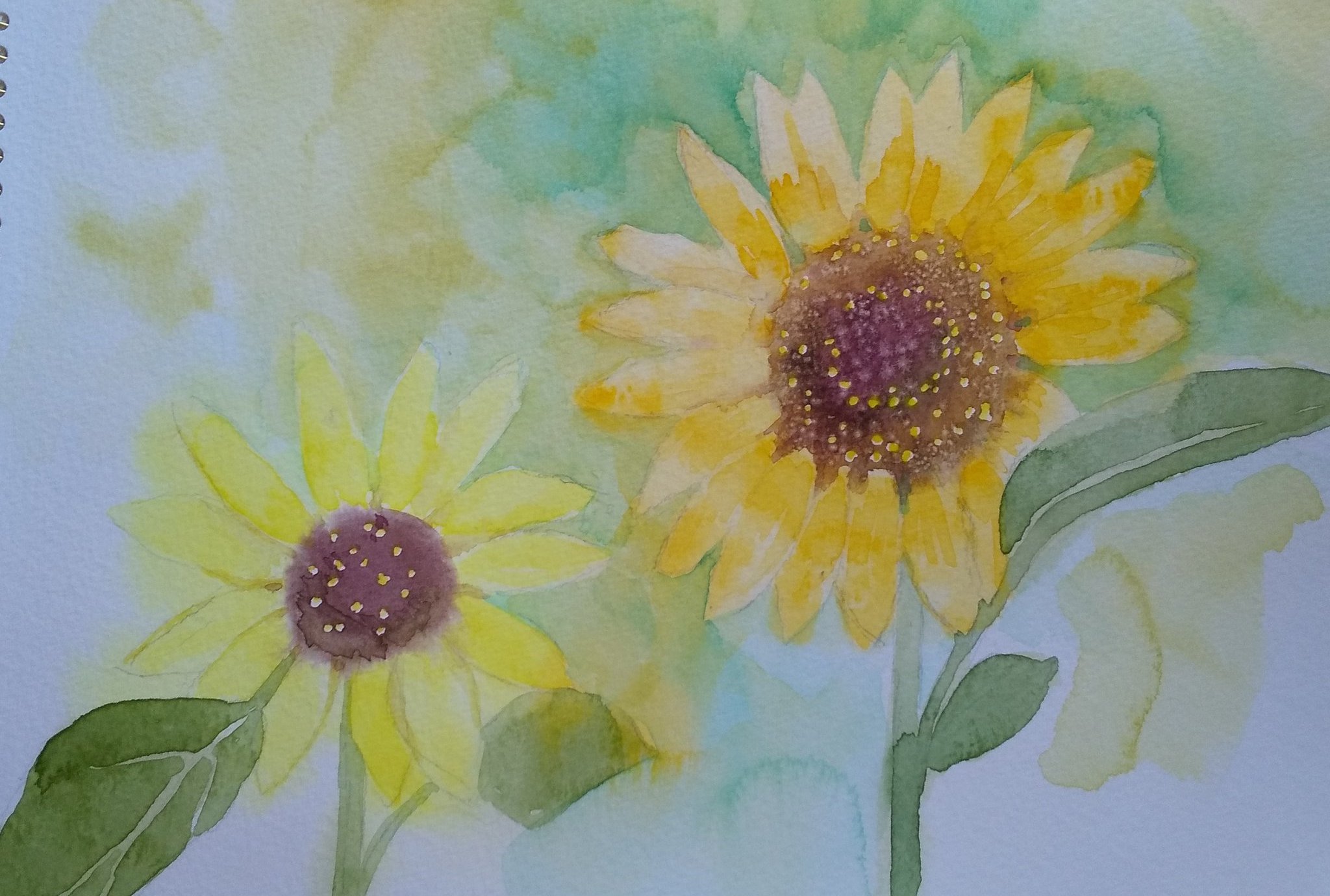 monsisiro411823, original, highres, painting (medium), traditional media, watercolor (medium), blurry, blurry background, flower, flower focus, leaf, no humans, plant, plant focus, sunflower, yellow flower