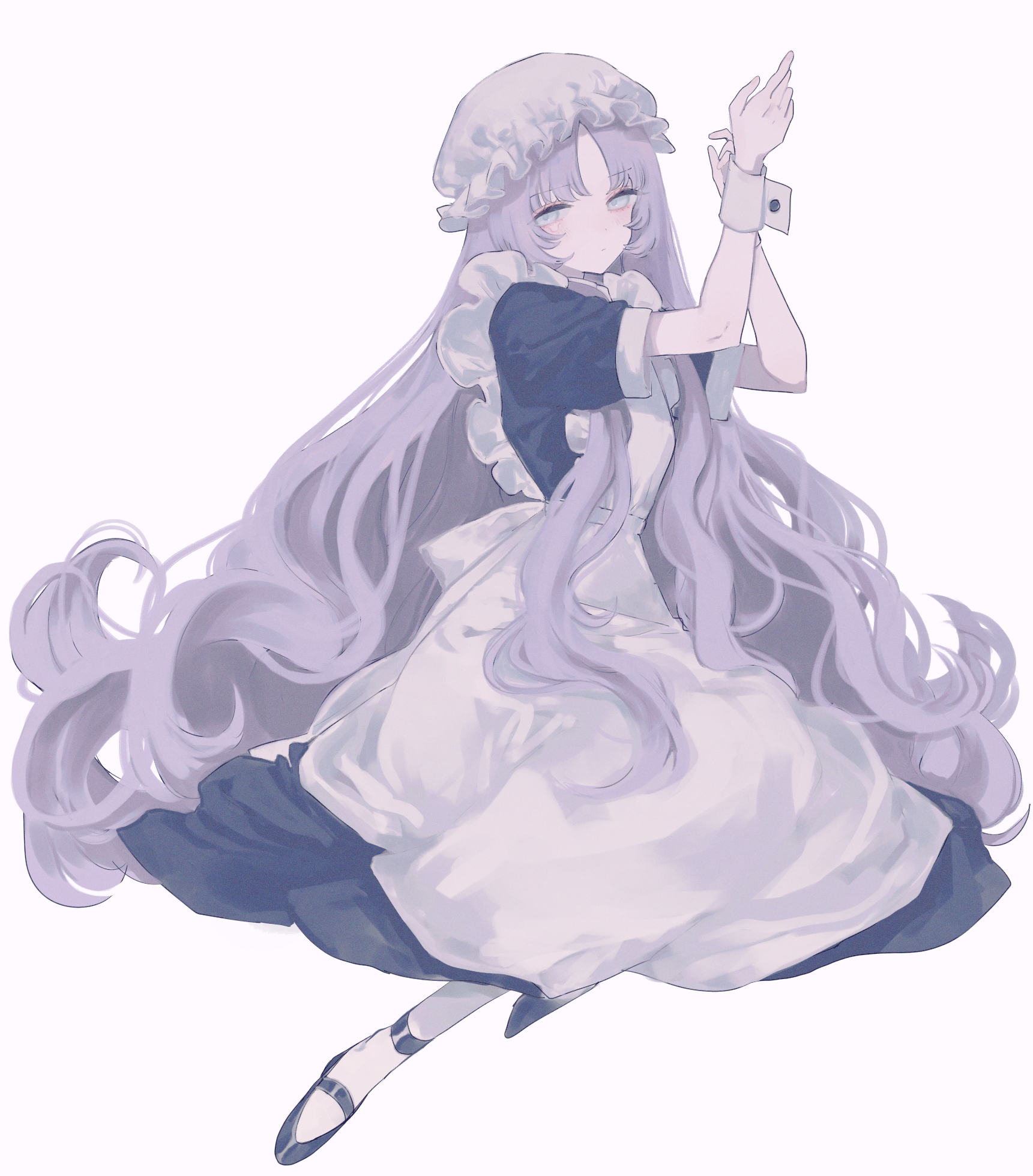 eurasia (wtp09ptw14), francoise (eurasia), original, commentary request, highres, 1girl, apron, black dress, black shoes, blue eyes, closed mouth, dress, frilled apron, frilled hat, frills, full body, gloves, hands up, hat, long hair, looking at viewer, maid, maid apron, mob cap, parted bangs, purple hair, shoes, short sleeves, simple background, socks, solo, very long hair, white apron, white background, white gloves, white hat, white socks, white wrist cuffs, wrist cuffs