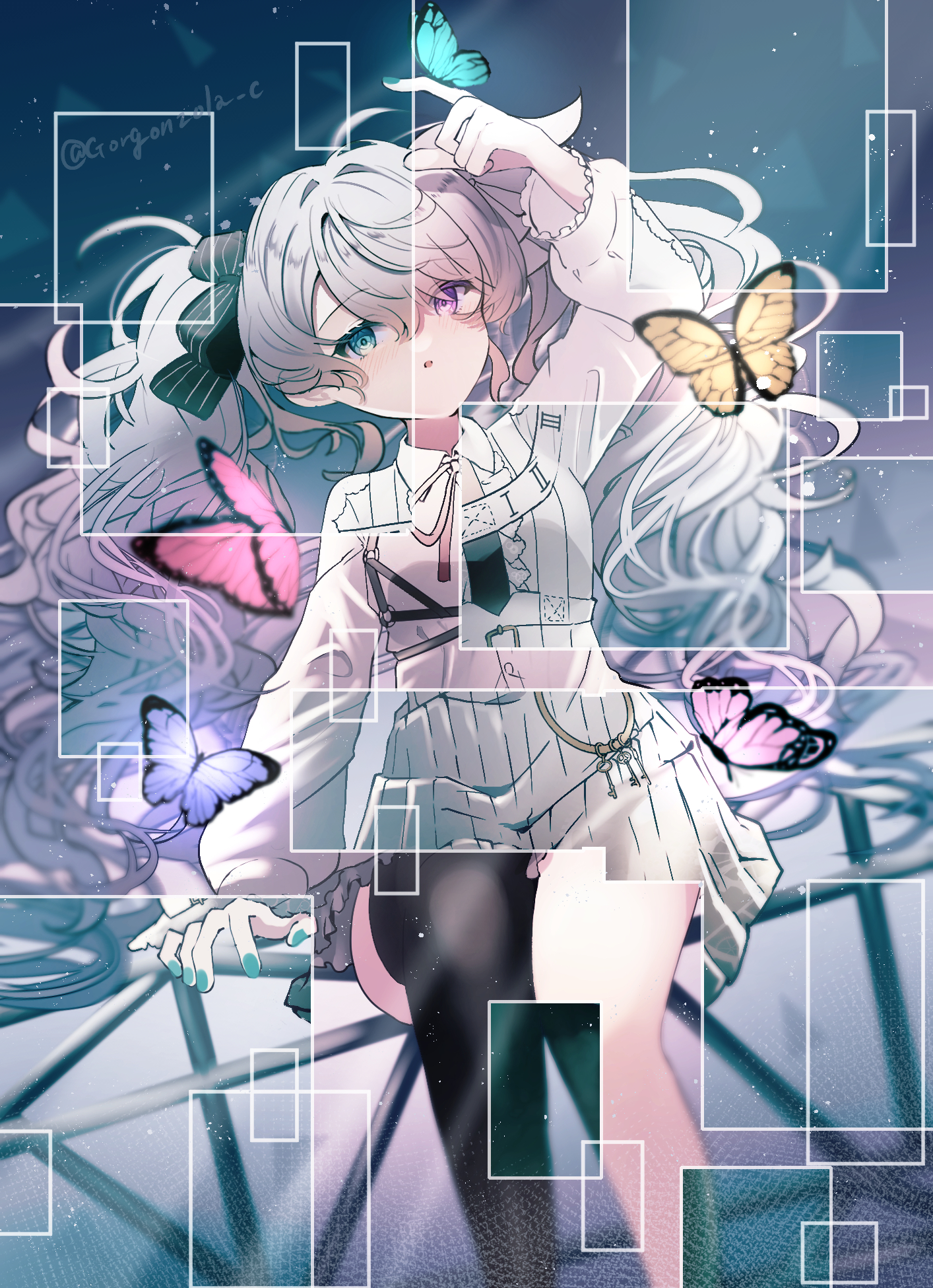 gorgonzola c, 25-ji miku, hatsune miku, 25-ji nightcord de. (project sekai), project sekai, highres, 1girl, aqua eyes, black thighhighs, blue eyes, bow, bug, butterfly, chest harness, dress, grey hair, hair bow, harness, heterochromia, insect, long hair, long sleeves, looking at viewer, miku day, neck ribbon, purple butterfly, purple eyes, railing, ribbon, single thighhigh, sitting, solo, thighhighs, twintails, very long hair, white dress, yellow butterfly