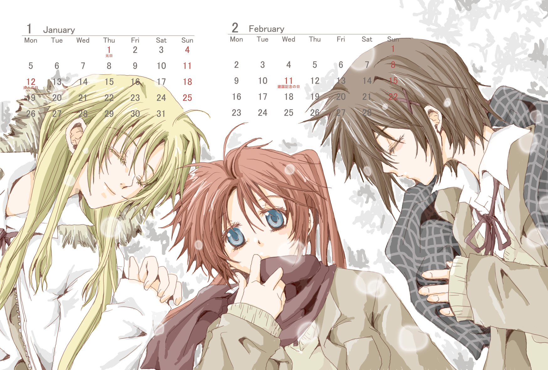 fate testarossa, takamachi nanoha, yagami hayate, lyrical nanoha, mahou shoujo lyrical nanoha, highres, 00s, blonde hair, blue eyes, brown hair, calendar, long hair, scarf, school uniform, short hair