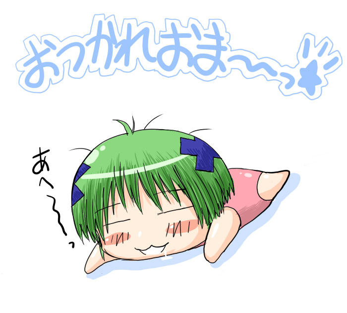 iguchi sentarou, mikazukimo, ninagawa amuro, kenkou zenrakei suieibu umishou, translation request, 1girl, chibi, female focus, green hair, hair ornament, saliva, short hair, solo, x hair ornament