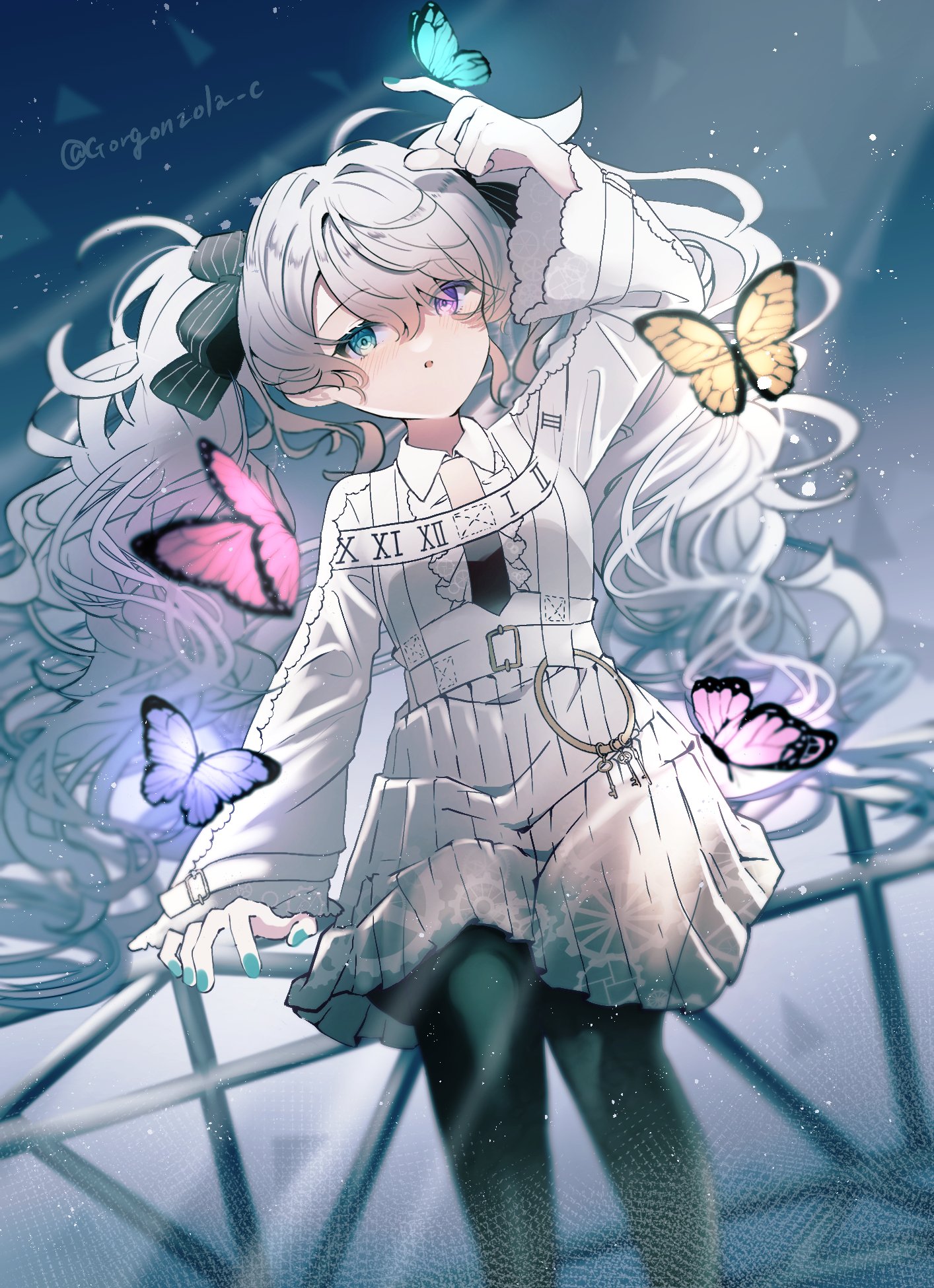 gorgonzola c, 25-ji miku, hatsune miku, 25-ji nightcord de. (project sekai), vocaloid, highres, 1girl, aqua eyes, arm up, belt, black pantyhose, blue eyes, bow, bug, butterfly, dress, glowing butterfly, hair bow, heterochromia, insect, long hair, long sleeves, looking at viewer, necktie, pantyhose, pleated dress, purple butterfly, purple eyes, railing, sitting, solo, twintails, very long hair, white dress, white hair, yellow butterfly