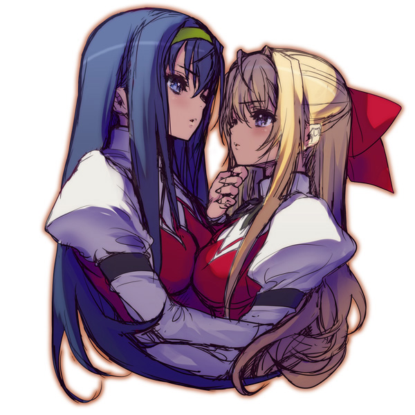 akaga hirotaka, himemiya chikane, kurusugawa himeko, kannazuki no miko, light brown hair, 00s, 2girls, black bow, blue eyes, blue hair, blush, bow, bowtie, breast press, breasts, couple, eye contact, female focus, grabbing another's chin, hair between eyes, hair bow, hair ribbon, hairband, half updo, hand on another's chin, hug, imminent kiss, large breasts, long hair, long sleeves, looking at another, multiple girls, nervous, open mouth, puffy long sleeves, puffy sleeves, purple eyes, red bow, red ribbon, ribbon, school uniform, shade, simple background, symmetrical docking, turtleneck, upper body, very long hair, white background, yellow hairband, yuri