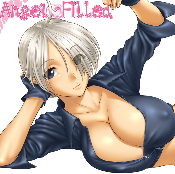 st.germain-sal, angel (kof), snk, the king of fighters, silver hair, 1girl, arm support, blue eyes, breasts, cleavage, covered erect nipples, female focus, large breasts, solo