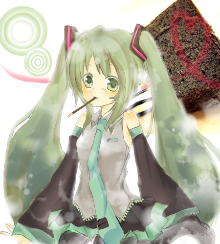 aoi (pixiv220348), mono (recall), hatsune miku, vocaloid, bad id, bad pixiv id, lowres, 1girl, aqua eyes, aqua hair, detached sleeves, female focus, food, green eyes, green hair, long hair, matching hair/eyes, mouth hold, necktie, pocky, skirt, solo, twintails
