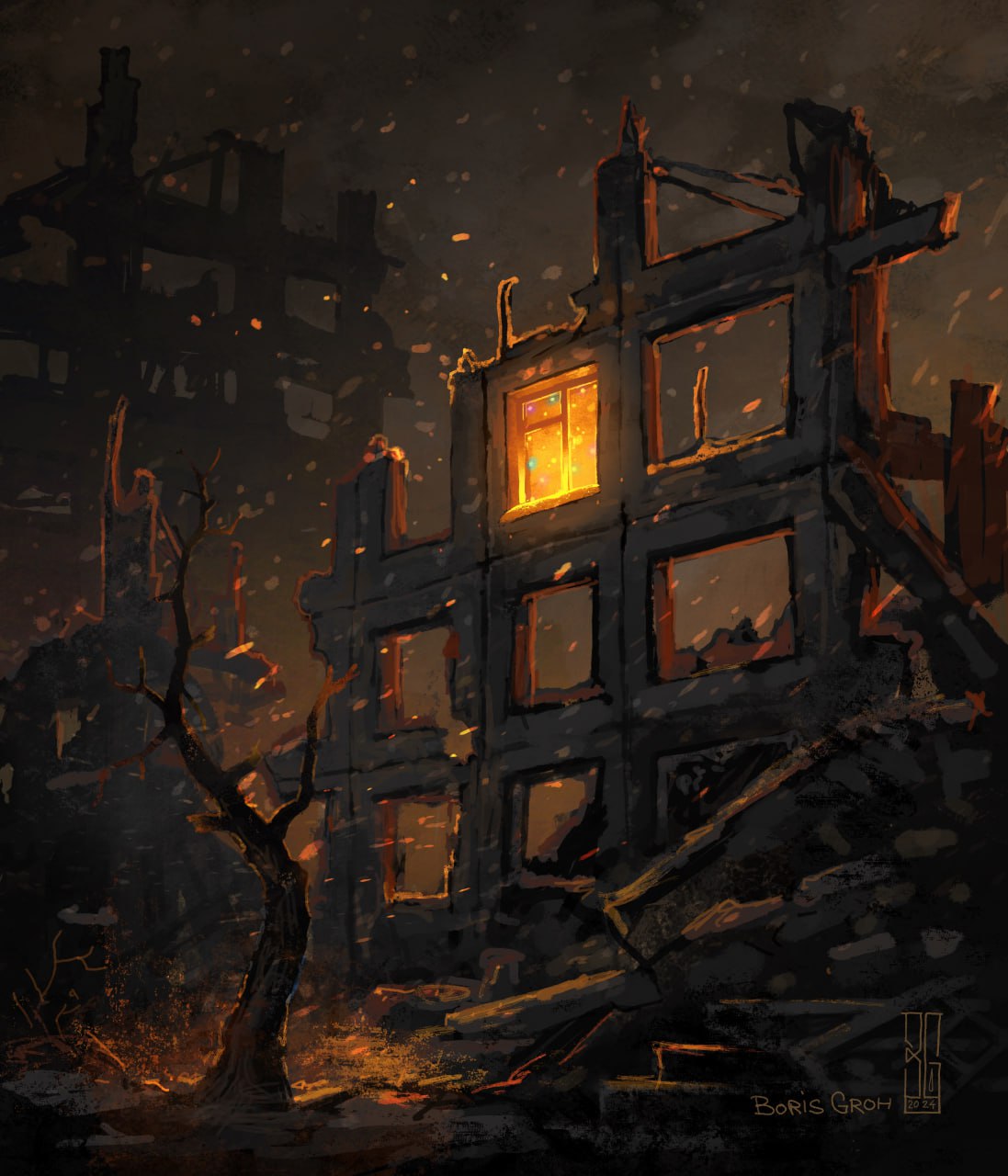 boris groh, original, highres, abandoned, bare tree, battlefield, broken window, building, christmas, christmas lights, cityscape, debris, dilapidated, hallucination, no humans, object focus, outdoors, rubble, ruins, russo-ukrainian war, scenery, snow, snowing, tree, ukraine, war, winter, wreckage