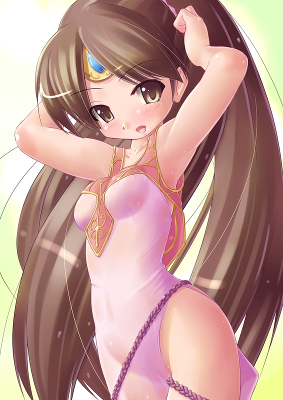 kourourin, linde (fire emblem), fire emblem, fire emblem: mystery of the emblem, fire emblem: shadow dragon, nintendo, 1girl, armpits, brown eyes, brown hair, circlet, female focus, long hair, ponytail, rope, see-through clothes, skin tight, solo, thighs