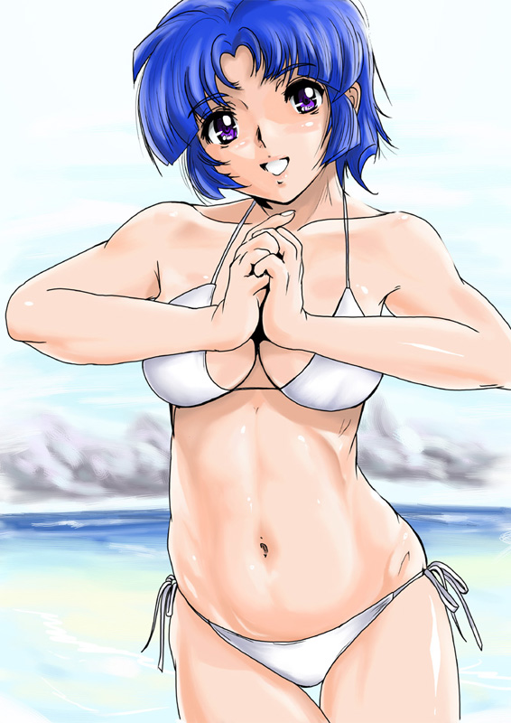 shu-z, kusuha mizuha, banpresto, super robot wars, 1girl, abs, bikini, blue hair, cowboy shot, day, female focus, muscular, outdoors, own hands together, parted bangs, shiny skin, short hair, side-tie bikini bottom, solo, swimsuit, white bikini
