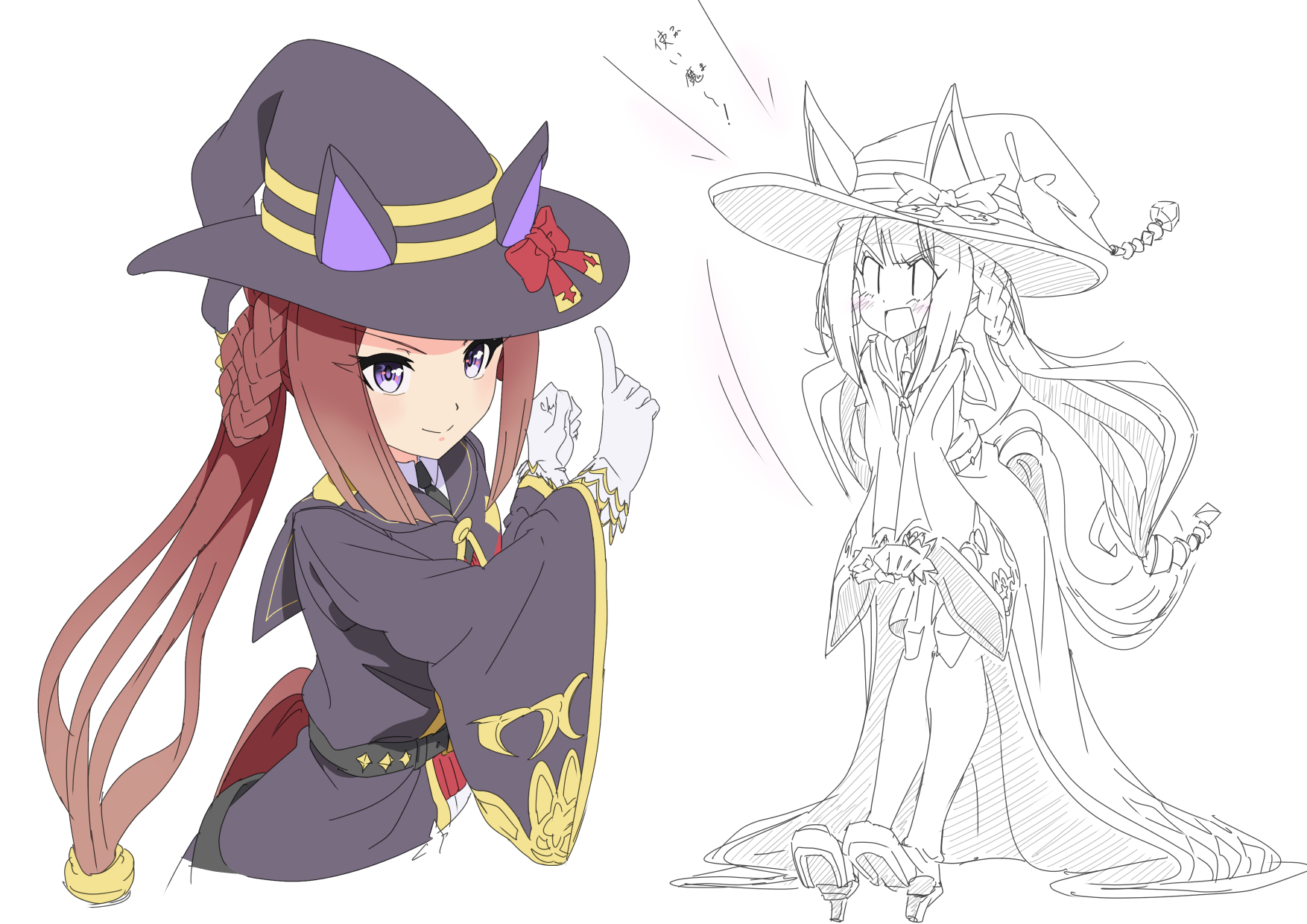 kuman bachi, sweep tosho (umamusume), umamusume, commentary request, highres, 1girl, animal ears, annoyed, blush, gloves, hair between eyes, hair ornament, hair rings, hat, horse ears, horse girl, horse tail, open mouth, purple eyes, smile, solo, tail, twintails, white background, witch hat