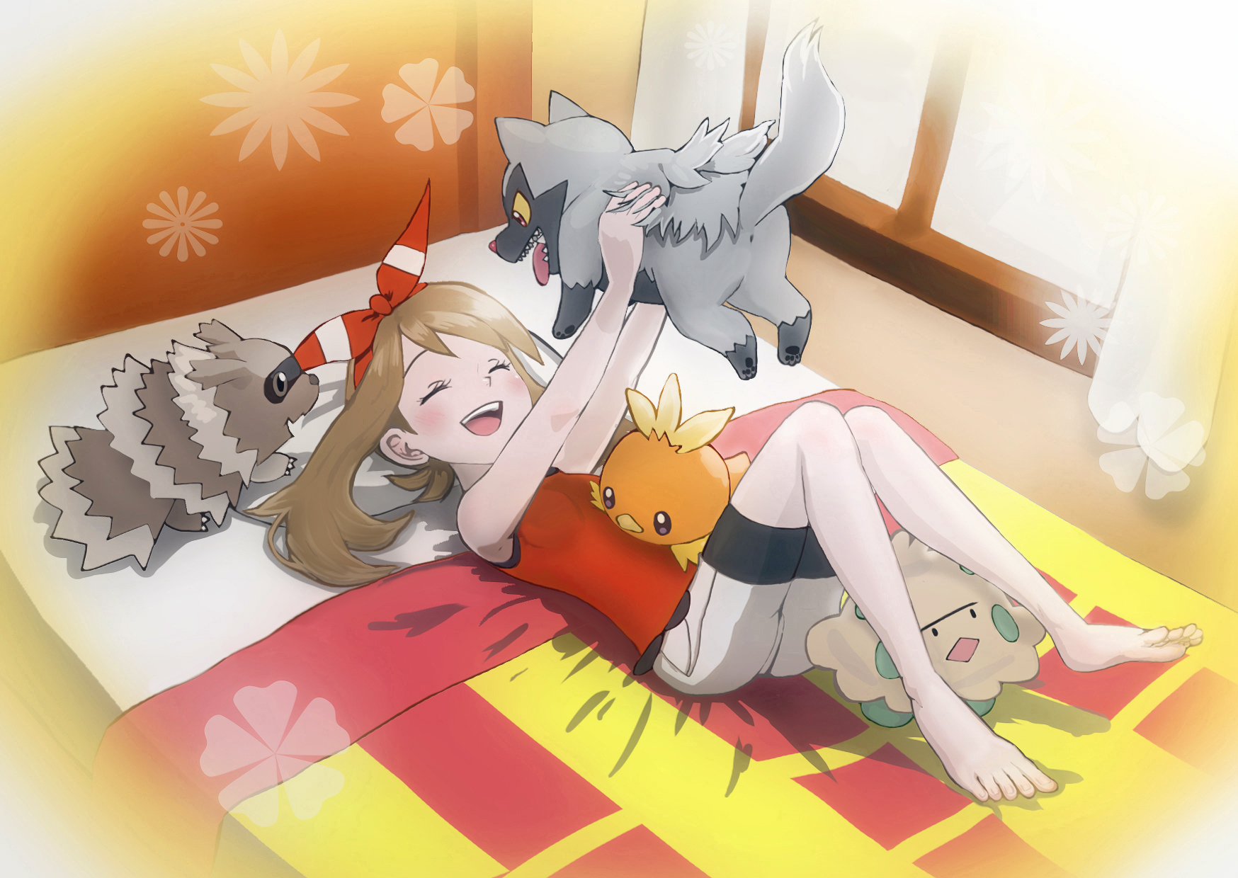 runachikku, may (pokemon), poochyena, shroomish, torchic, zigzagoon, nintendo, pokemon, pokemon oras, commentary request, highres, 1girl, barefoot, bed, blanket, blush, brown eyes, brown hair, closed eyes, curtains, diamond mouth, eyelashes, gen 3 pokemon, hairband, holding, holding pokemon, lying, on back, on bed, open mouth, pokemon (creature), red hairband, red shirt, sharp teeth, shirt, shorts, sleeveless, sleeveless shirt, teeth, tongue, tongue out, upper teeth only, white shorts, window