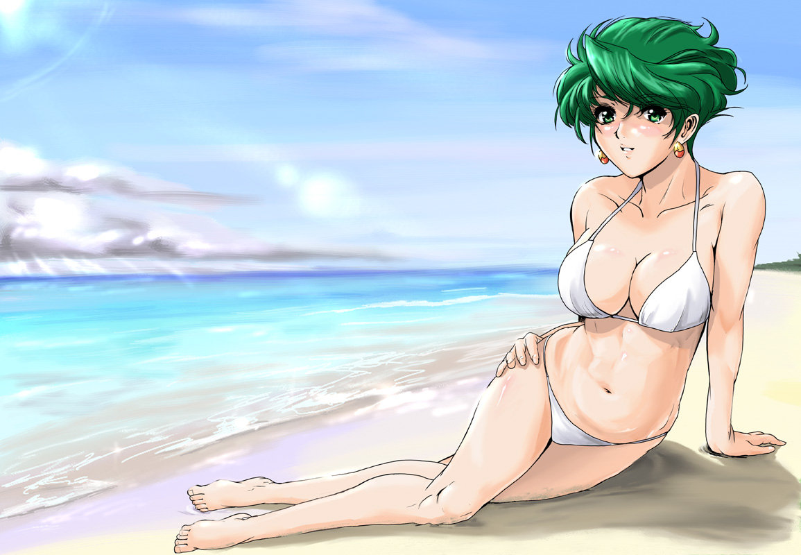 shu-z, aya kobayashi, super robot wars, barefoot, beach, bikini, feet, green hair, lips, ocean, short hair, swimsuit
