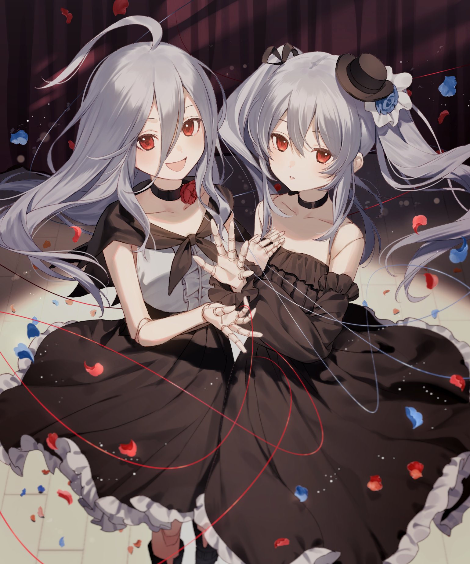 kito (kito mozooo), shadowverse, shadowverse: worlds beyond, character request, highres, 2girls, :d, bare shoulders, black choker, black dress, black skirt, blue flower, blue rose, choker, detached sleeves, doll joints, dress, flower, frills, grey hair, hair between eyes, hat, joints, long hair, mini hat, multiple girls, open mouth, petals, red eyes, red flower, red rose, rose, shirt, skirt, sleeveless, smile, strapless, strapless dress, tilted headwear, twintails, white shirt