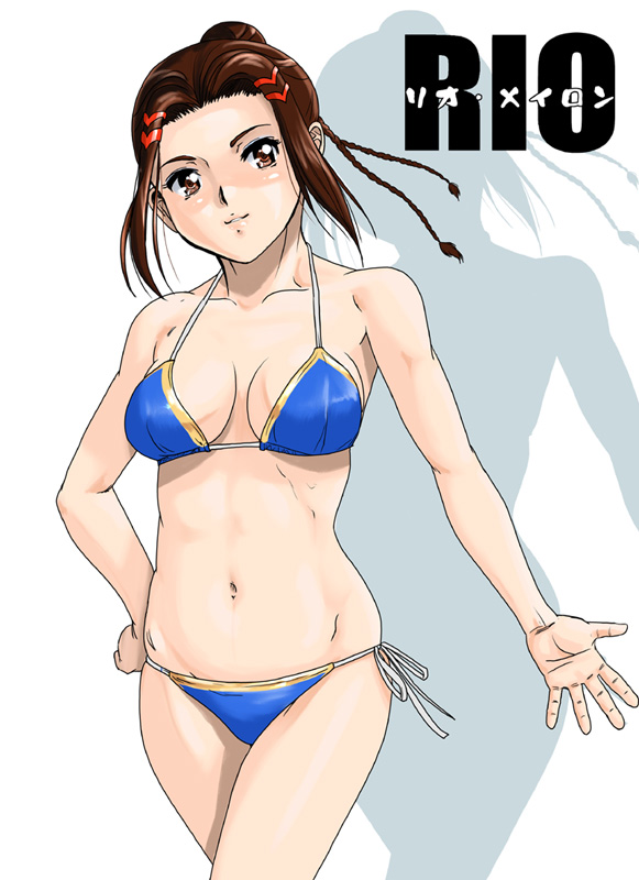 shu-z, rio meilong, banpresto, super robot wars, 1girl, bikini, blue bikini, female focus, shiny skin, side-tie bikini bottom, solo, swimsuit