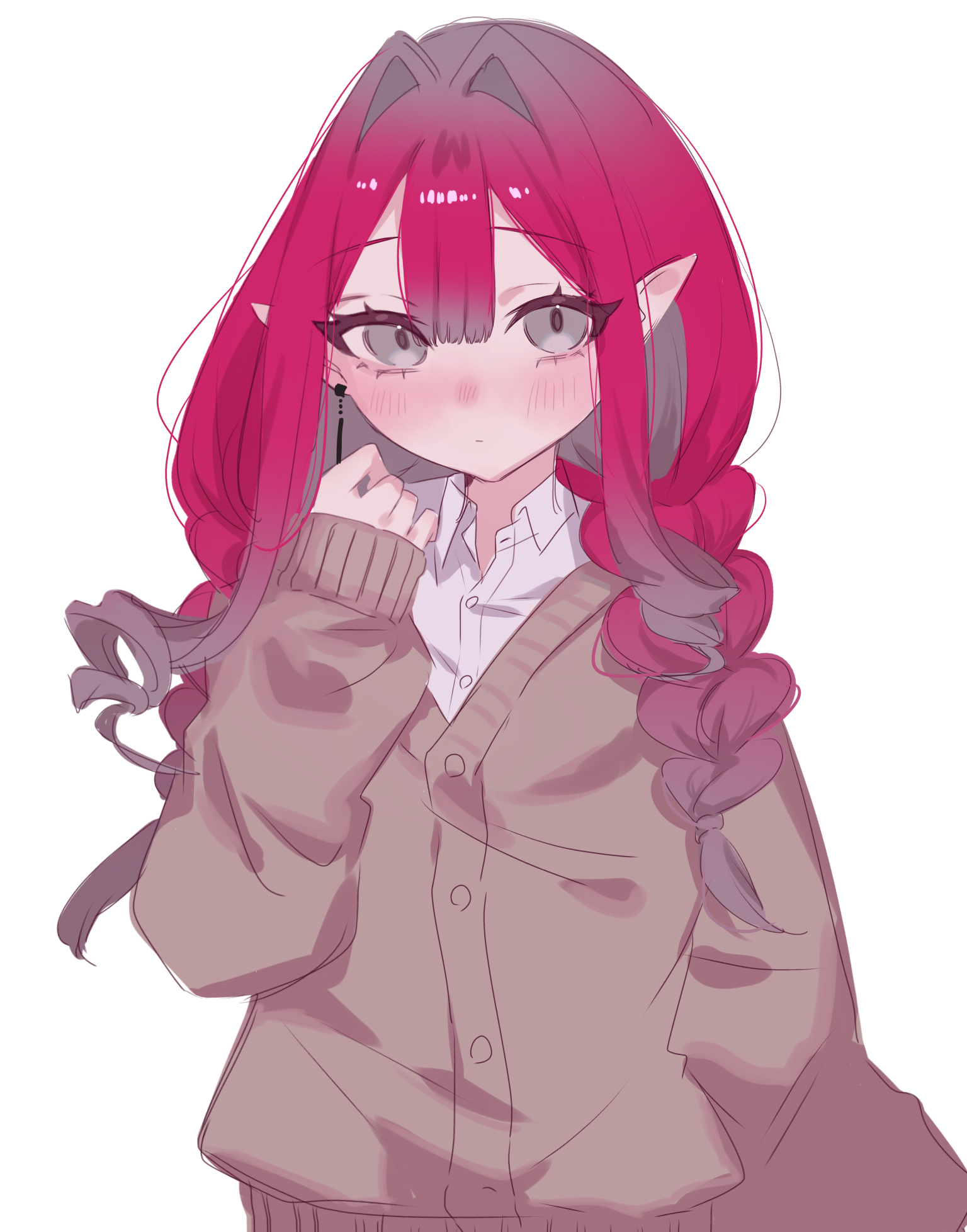 590kogure590, baobhan sith (fate), fate/grand order, fate (series), highres, 1girl, blush, breasts, brown sweater, collared shirt, earrings, grey eyes, jewelry, long hair, long sleeves, looking at viewer, medium breasts, pink hair, pointy ears, shirt, sidelocks, solo, sweater, white shirt