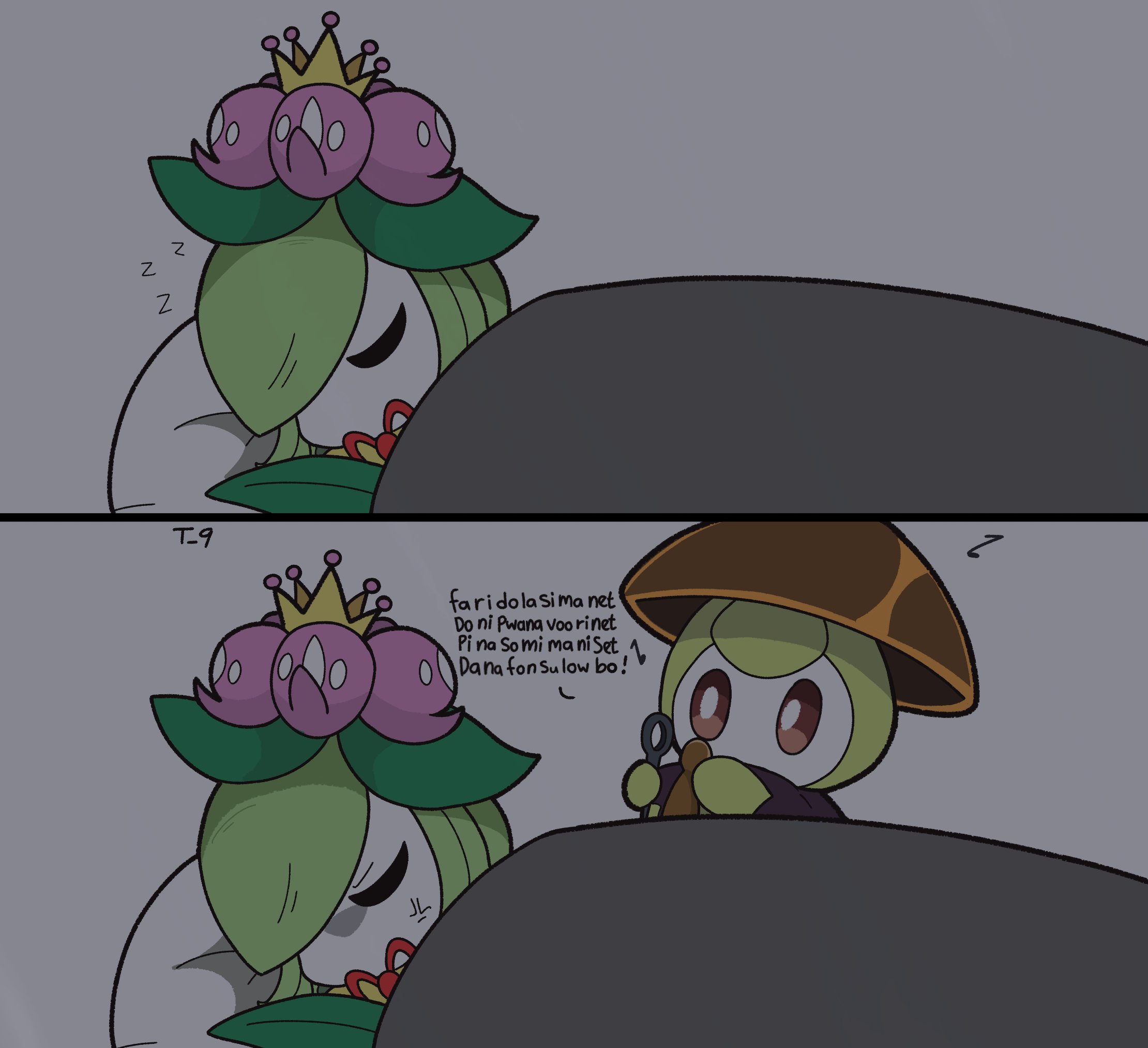 lilligant, petilil, sherma (hollow knight), hollow knight, hollow knight: silksong, nintendo, pokemon, highres, anger vein, brown eyes, colored skin, cosplay, evolutionary line, flower, gen 5 pokemon, green hair, hair flower, hair ornament, holding, holding sewing needle, monster girl, no humans, no mouth, plant girl, pokemon (creature), pokemon focus, sherma (hollow knight) (cosplay), simple background, todok9, white skin, zzz